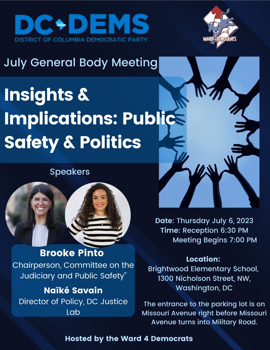 Join the @DCDemocrats and the @Ward4DemsDC this evening for a convo on #publicsafety and politics. Special guest @CMBrookePinto and the @DCJusticeLab Bring a neighbor with you.