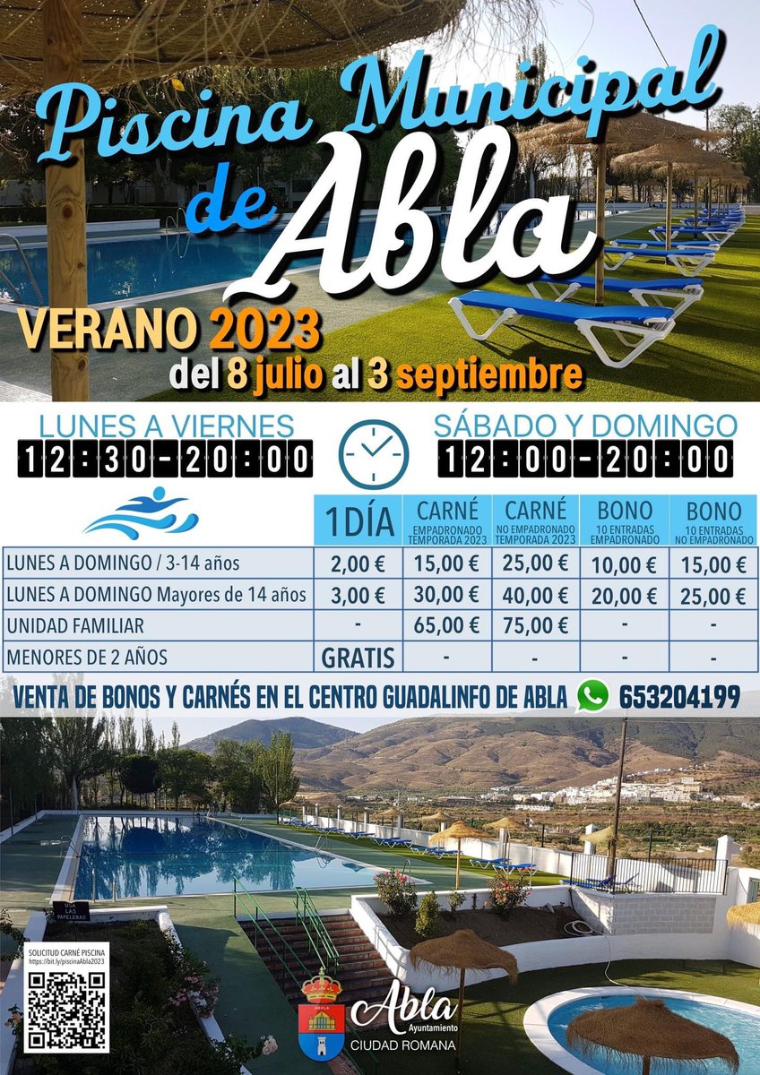 AytoAbla's tweet photo. 📢PISCINA MUNICIPAL DE ABLA.
🏊‍♀️🏊‍♂️ Abierta al público a partir de este sábado 8 de julio, a las 12:00 h.
#Abla
#Almeria
#SierraNevada https://t.co/EncL5rTq4E