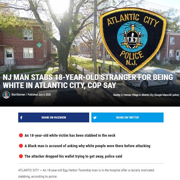 AntiWhiteWatch1's tweet photo. (2023 #AtlanticCity #USA)  Thug Tyler Smith, 38, of Atlantic City is charged with attempted murder, bias intimidation, aggravated assault, and weapons offenses for the "unprovoked attack" Monday evening, which targeted a White man. Smith is black.

More news you'll never hear about in Globalist #antiwhite media like @nytimes @CNN @PBS @NPR @washingtonpost

"Smith questioned why White people were allowed in the neighborhood before stabbing the victim," police said in a statement.

He stabbed the stranger in the neck and tried to get away, according to police. Bystanders who saw the stabbing tried to stop him from running, but he was gone when police got there

thx: