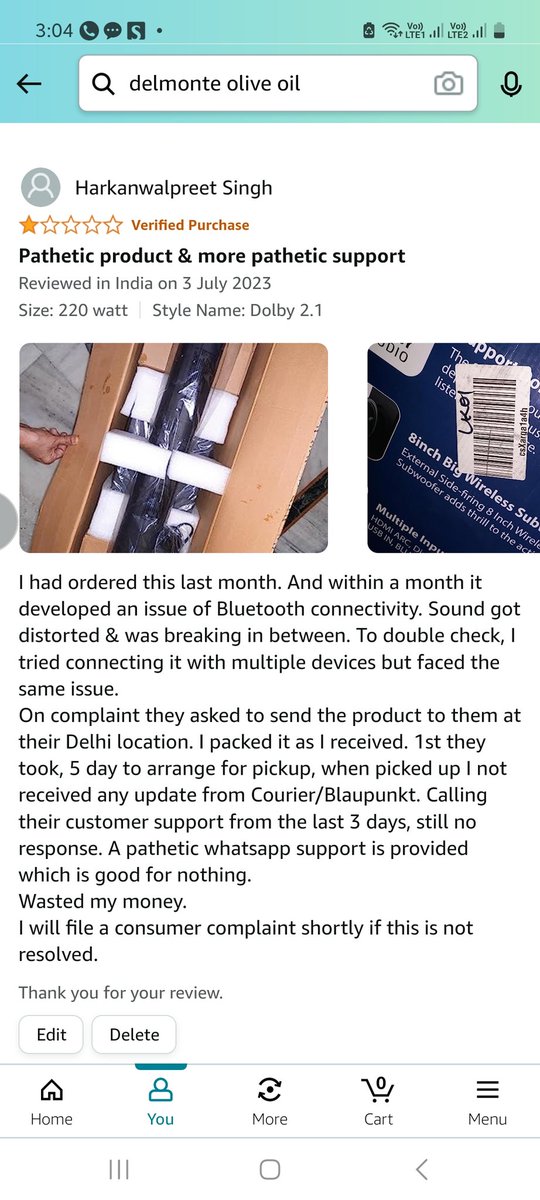 Harkanwal5's tweet photo. @BlaupunktAudio I ordered 1st product with High Hopes &amp; met with profound disappointment. Within 30 days the soundbar/woofer developed Bluetooth issue when using phone/laptop. 
Had complaint registered. Product was picked up after 3 followups &amp; then no update. https://t.co/qkE4f8Hjo5