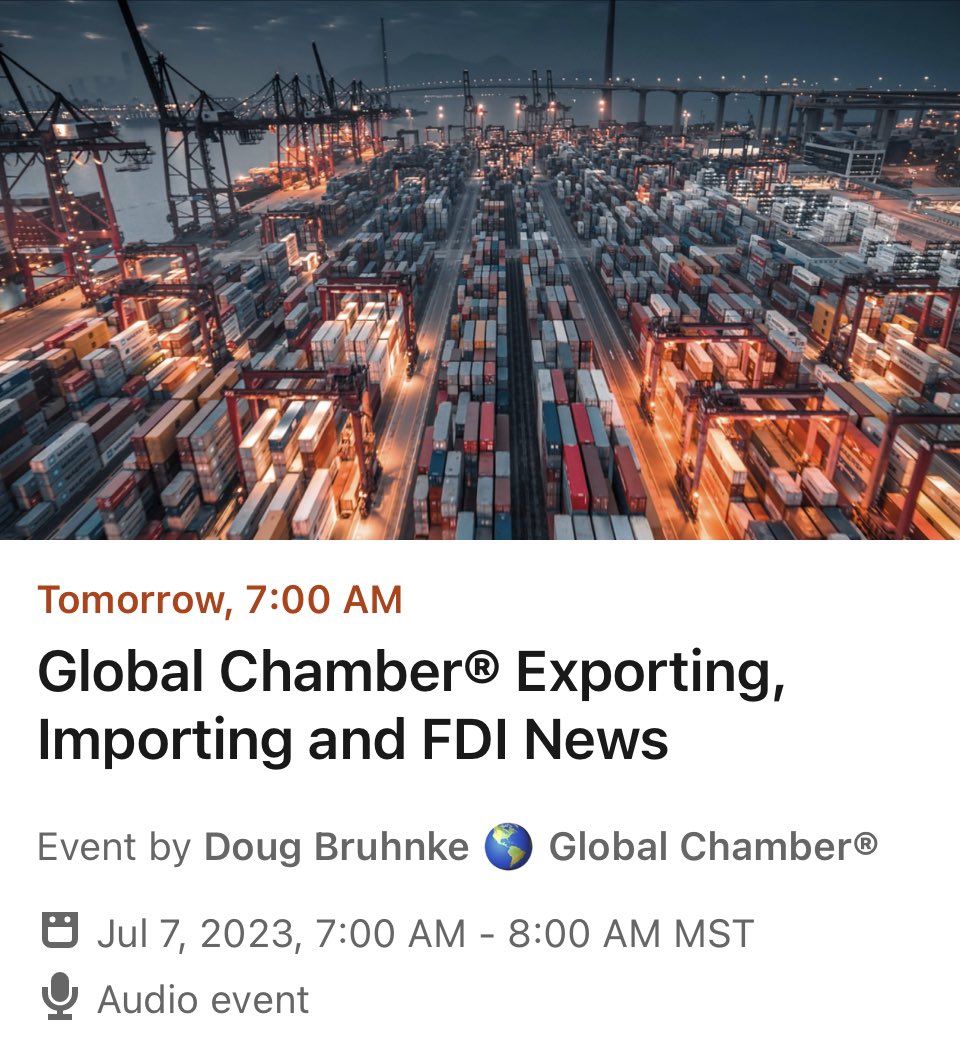 GlobalChamber's tweet photo. Join us Friday, July 7th for the Global Chamber regular discussion on Linkedin of global business... exporting, importing and foreign direct investment... results, observations, discussions and more. #export #exporting #trade #FDI #GlobalIsGood https://t.co/JHYFjKDIXd https://t.co/8HnUwyKvnp