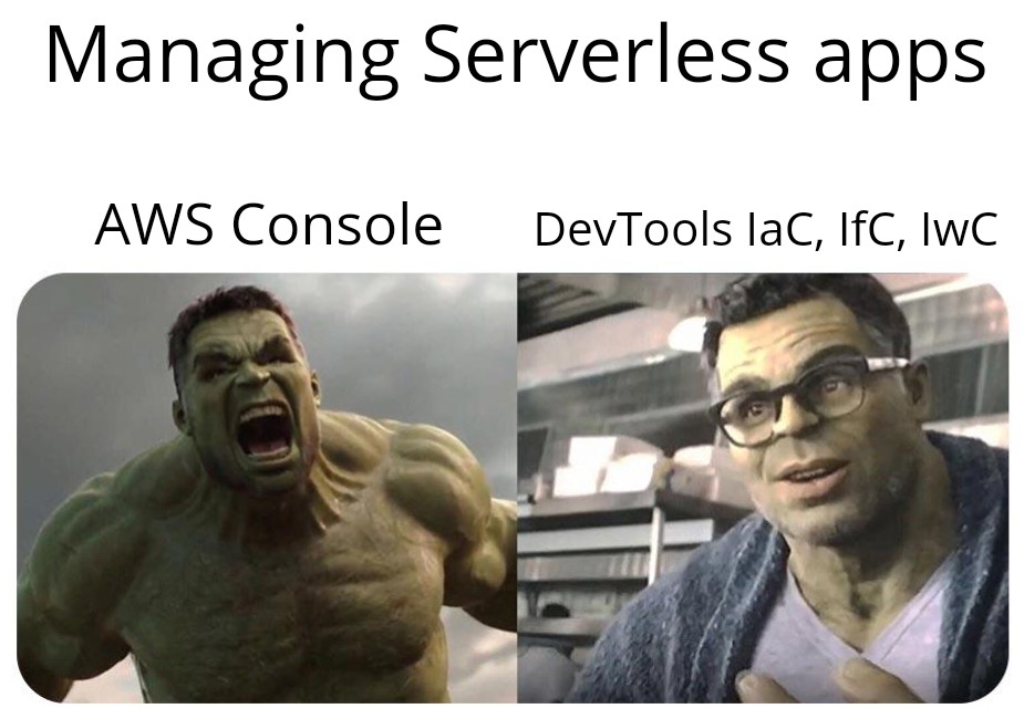 theslsterminal's tweet photo. That exhaustive feeling with using too much of the AWS console to manage #Serverless apps ๐ฎโ๐จ
Life is easy when using DevTools that work with IaC or IfC or IwC. Try it and there is no turning back.
๐https://t.co/4QIKba09Yy
๐๏ธhttps://t.co/uXfqZCIgKq
#ServerlessMemes https://t.co/h34Yf02U8U