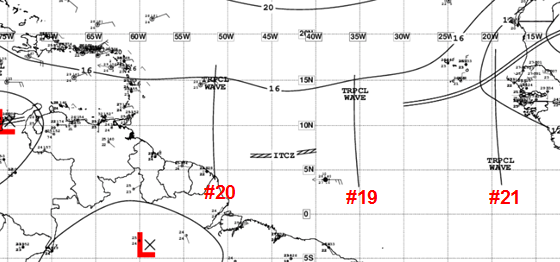 claudio_mj's tweet photo. 🧿 Dato Tropical 🧿
👉Agregada la #ondaTropical #21 sobre la costas de África, convección dispersas
👉#OT19 sobre el Atlántico central, No se observa convección significativa en este momento.
👉#OT20 convección moderada dispersa al este de la onda https://t.co/8Bfh1bzaBX