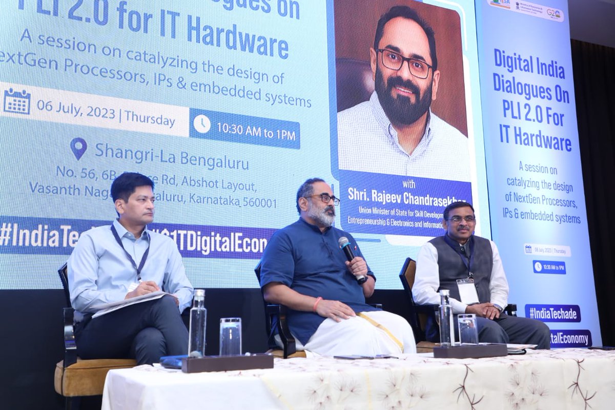 Electronics_GoI's tweet photo. MeitY in association with @iesaonline organized #DigitalIndiaDialogues on #PLI2.0 for #IT Hardware.
 A session on "Catalyzing the design of NextGeN Processors, IPs &amp; embedded systems" was conducted under the chairmanship of Hon'ble MoS @Rajeev_GoI with Industry stakeholders. https://t.co/l6zgcgmS3p