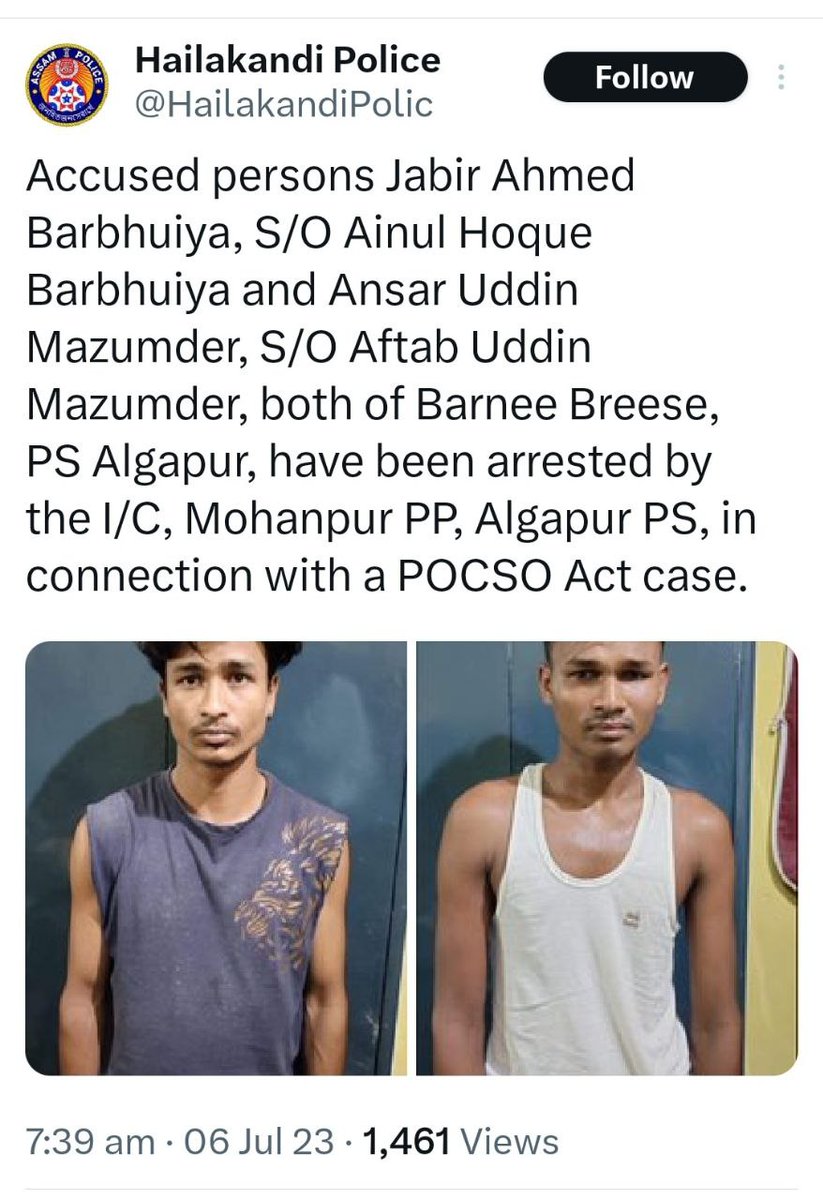 MeghUpdates's tweet photo. Hailakandi, Assam: Yesterday, Muslim youths abducted and gangraped two minor Hindu girls (14 and 16) while they were returning from school. 

They were dragged into Roskandi garden, raped brutally. One of the minor Hindu girl has died. 

Family members alleged that a total of 5 to 6 youths were involved in this brutal rape.

Two accused -  Jabir Ahmed Barbhuiya and Ansar Uddin Mazumder arrested by Police.

One more accused Jubair Ahmed Talukdar is absconding and wanted.

https://t.co/kz9wlC5tk4