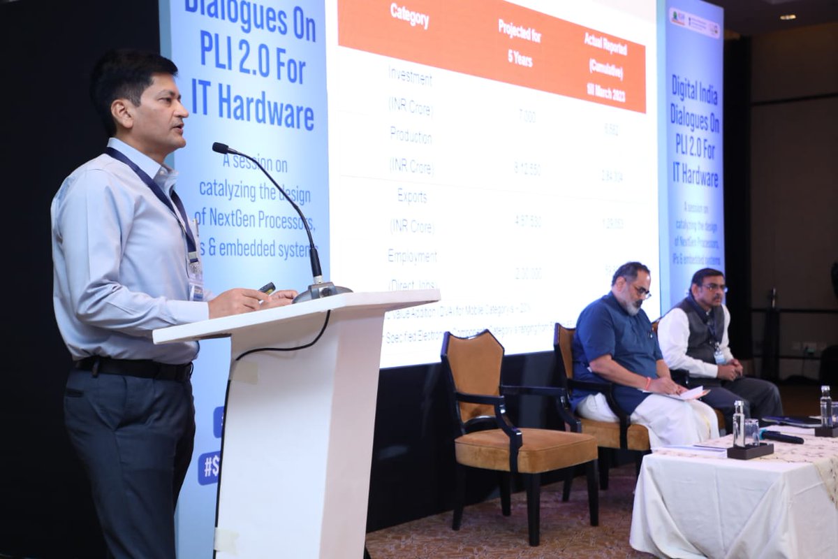 Electronics_GoI's tweet photo. MeitY in association with @iesaonline organized #DigitalIndiaDialogues on #PLI2.0 for #IT Hardware.
 A session on "Catalyzing the design of NextGeN Processors, IPs &amp; embedded systems" was conducted under the chairmanship of Hon'ble MoS @Rajeev_GoI with Industry stakeholders. https://t.co/l6zgcgmS3p