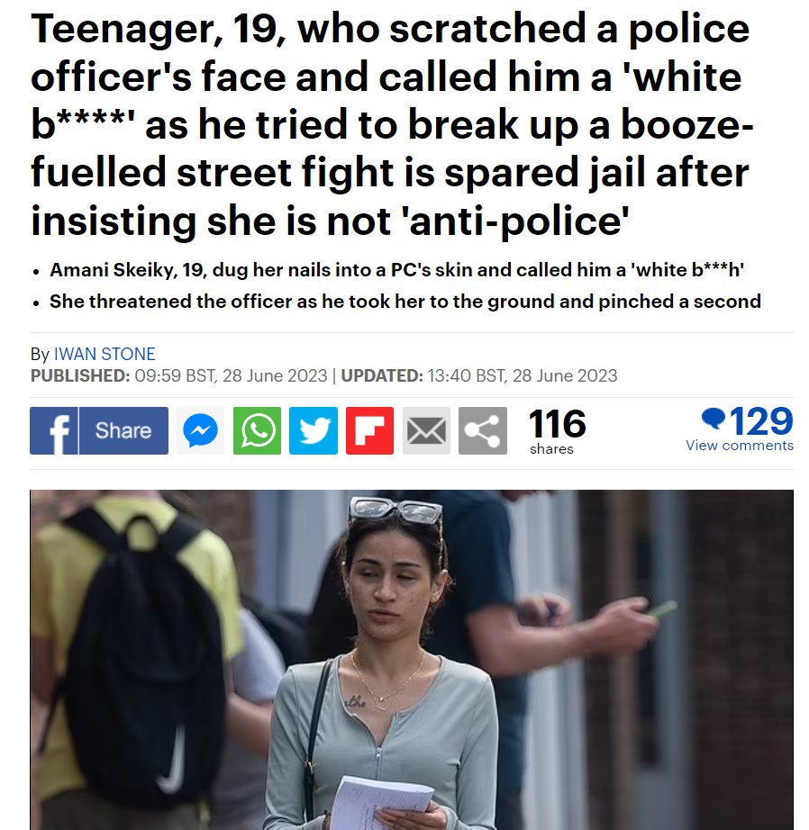 AntiWhiteWatch1's tweet photo. (2023) More #blackprivilege; little female thug Amani Skeiky assaults a White police officer while using racial slurs but gets no jail time.

A black teenager who scratched a white police officer's face and verbally abused him as he intervened in a drunken late-night street fight has been spared jail.

Amani Skeiky, 19, dug her nails into the officer's skin and left visible marks on his neck as he tried to arrest her over a brawl outside a cocktail bar at 2am. But she was spared jail after she insisted to a court she was not 'anti-police.'

When the businessman's daughter was taken to the ground, she told the officer: 'White b***h. Next time, I will punch you on the d**k.
THX: @far_right_memes
