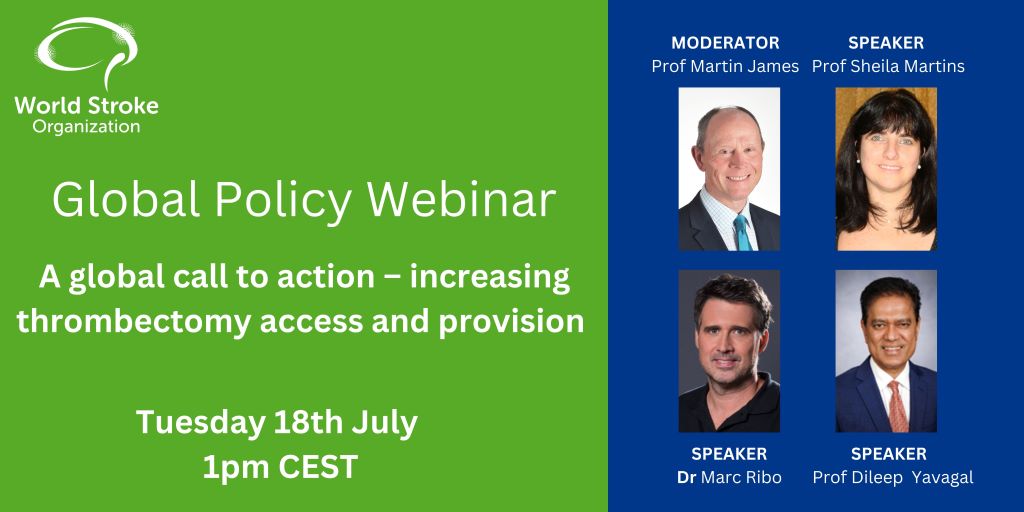 WorldStrokeOrg's tweet image. 📅 Save the date for 🎬WSO Global Policy webinar - 🌐A #global call to action – increasing #thrombectomy access and provision. This webinar will focus on thrombectomy as a game-changing #treatment for #stroke and a cost-effective intervention recommended by @WHO
🎤Speakers: