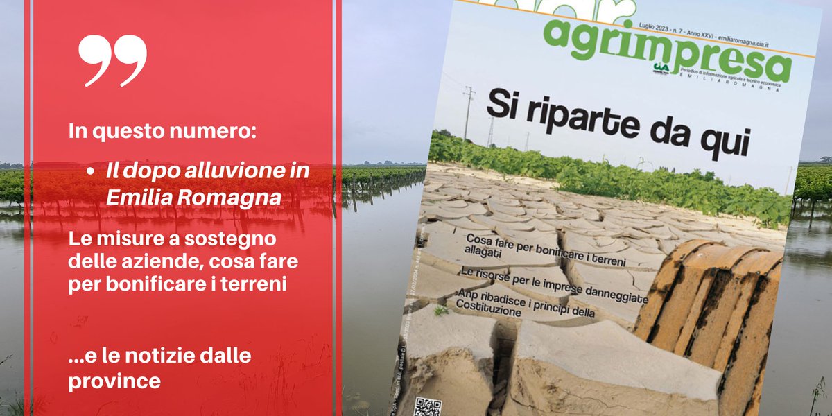 #agrimpresa di luglio: IL DOPO ALLUVIONE riconosciute le circostanze eccezionali all'Emilia Romagna. In arrivo i primi aiuti. #Ismea e #Inps per gli agricoltori colpiti dall'alluvione. 
Inoltre: via libera al DecretoAgrisolare - l'incontro annuale Anp-Cia
bit.ly/agrimpresalugl…