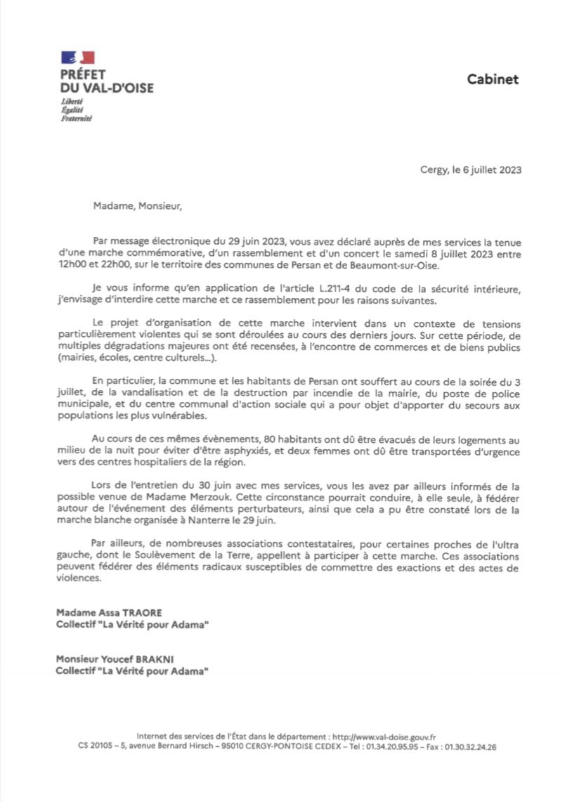 Prefet95's tweet photo. 🔴 Compte tenu des violences survenues les jours passés et face au risque de débordements et de troubles à l'ordre public que l'évènement peut susciter, #préfet95 a informé le comité « Vérité pour Adama » qu'il envisage d'interdire la marche, le rassemblement et le concert prévus le samedi 8 juillet 2023 à Persan et à Beaumont.