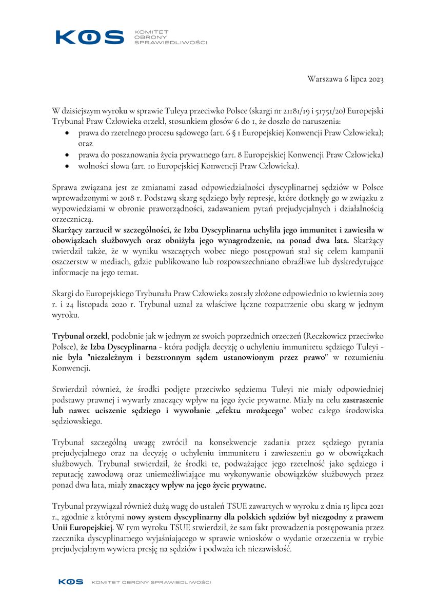KOS_Komitet's tweet photo. Europejski Trybunał Praw Człowieka ogłosił wyrok w sprawie sędziego Igora Tuleyi❗️ https://t.co/TZtF9b6A4y
