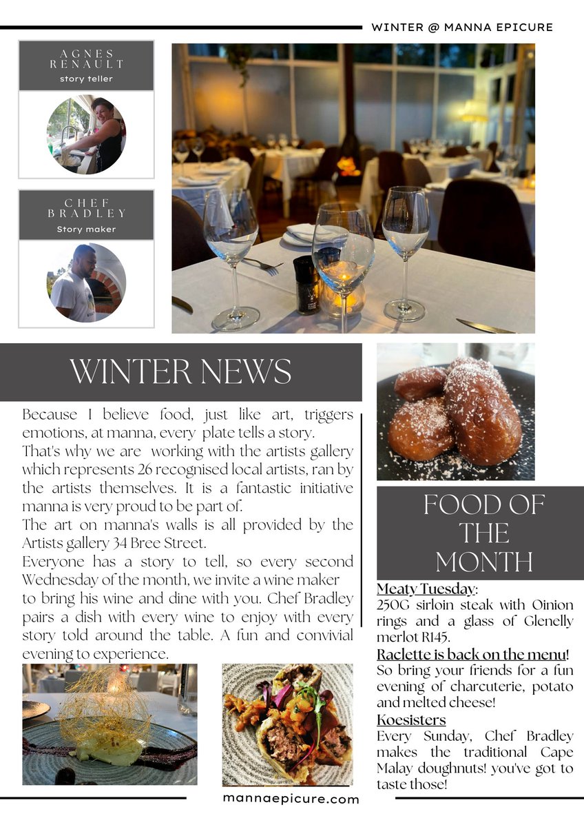 mannaepicure's tweet photo. We are keeping you entertained this winter!
So many stories to tell... This month again, Chef Bradley pairs his tapas style platters @ our "Dine with the maker" evening happening on the 12th July with @Jordan_Wines
Read up about some more of manna's stories here π
#winterinCT https://t.co/h7ylJsBnP8