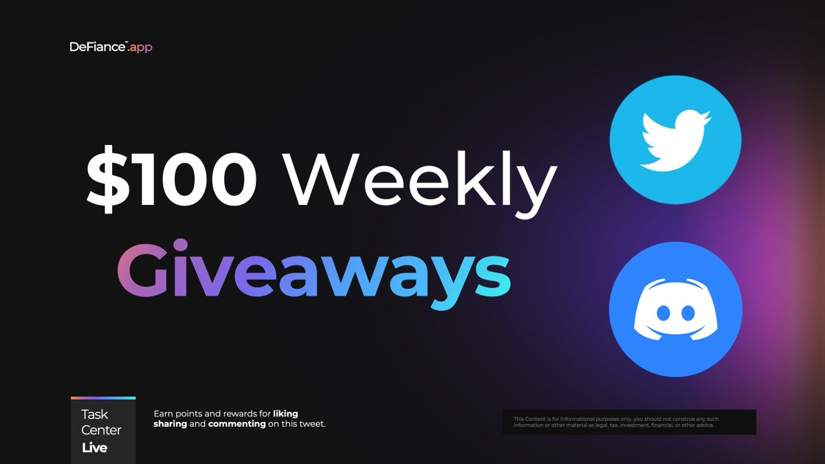 DeFiance_App's tweet photo. $100 WEEKLY #GIVEAWAYS
Become a DeFiant to win.
🎁 $50 Weekly #TaskCenter
Winners are DeFiants #12006 & #6526
🎁 $5-$50 Weekly #Rumble
Winners are #DeFiants #18 & #12046
Twitter & Discord activity unlocks more ranks to access more 💰!
Learn more at: https://t.co/ENgzhuZZWs.
$TRI #DeFianceApp