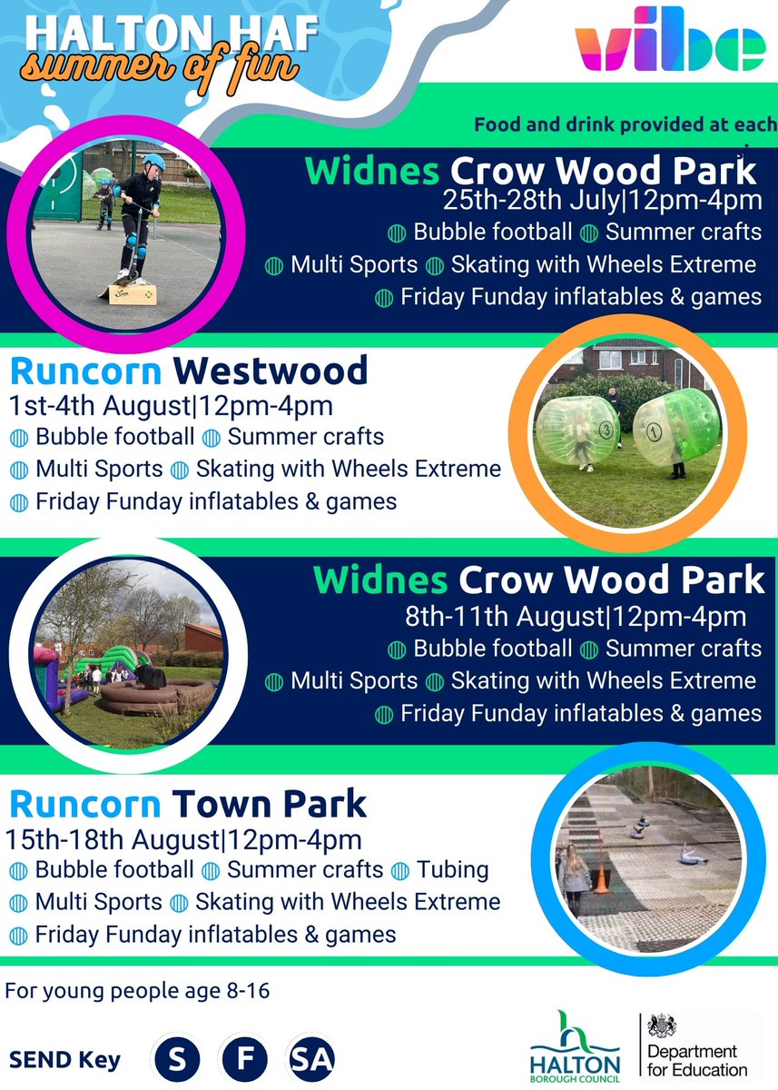 VibeUKOrg's tweet photo. 🌻Halton HAF is back this Summer!🌻

We will be in both #Runcorn and #Widnes providing a summer of fun activities for young people ages 8-16.🧵

#halton #haltonhaf #summerhaf2023 #haf2023 #freeholidayactivities #halfterm https://t.co/nGBAqIaMoE