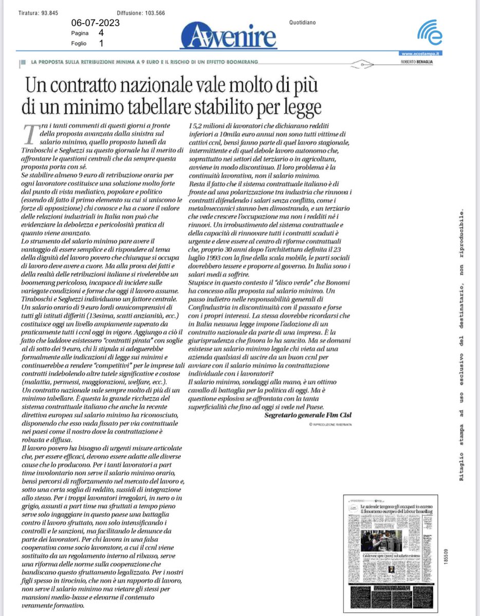 “Un contratto nazionale vale molto di più di un minimo tabellare stabilito per legge”
Oggi #6luglio sul quotidiano 🗞️“Avvenire” intervento del Segretario Generale #FIM Roberto #BENAGLIA su dibattito salario minimo 
#salariominimo 👉