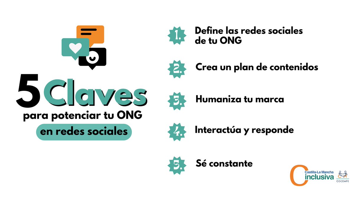 Clm_inclusiva's tweet photo. 👉¿Trabajas en una #ONG y quieres saber cómo impulsar tu presencia en #RRSS? 🚀🎯

✅ Aquí te dejamos 5 #claves para mejorar la #comunicacion de tu #entidadsocial

#redessociales #marketingdigital #marketingcontenidos #socialmediamarketing #socialmedia https://t.co/niqyGXguwN