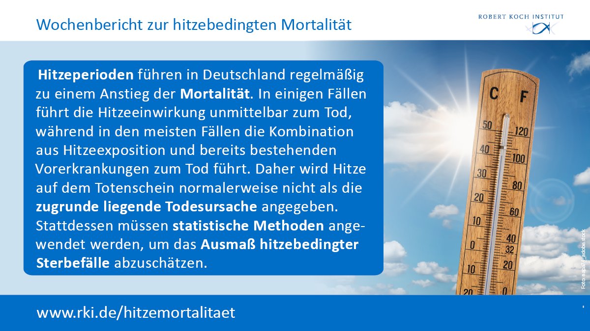 🆕#RKI-Hitzebericht 🇩🇪

🌡️ Aufgrund der hohen Wochenmitteltemperatur (21,5°C) in KW 25 (19.-25.6.) gehen Auswertungen mittlerweile von bereits ~640 hitzebedingten Todesfällen in diesem Sommer aus.
📊 rki.de/hitzemortalita…

Hitzeschutz-Infos @bzga_de
➡️ klima-mensch-gesundheit.de/hitzeschutz/