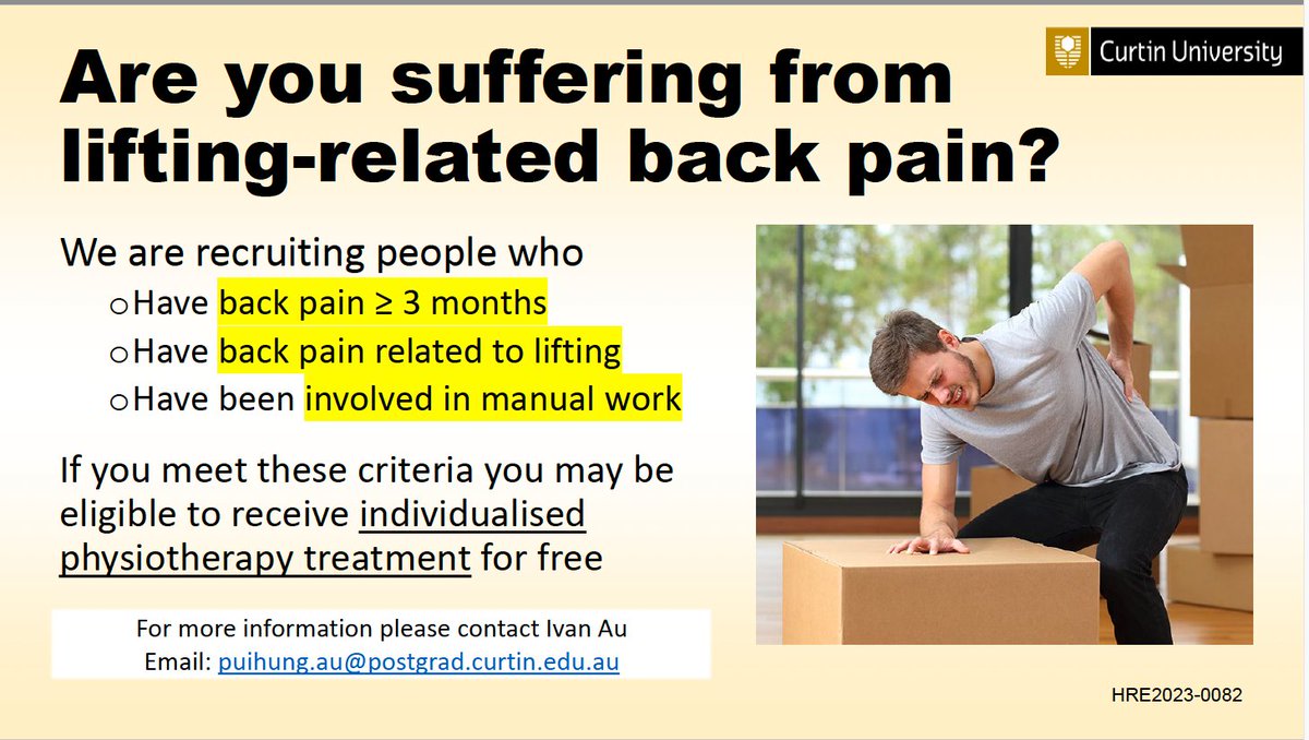 Peter O'Sullivan (@peteosullivanpt) on Twitter photo Do you have - or know someone who has lifting related low back pain - and lives in Perth?
If so this study may be of interest.
Contact: puihung@postgrad.curtin.edu.au
Or: P.osullivan@curtin.edu.au Do you have - or know someone who has lifting related low back pain - and lives in Perth?
If so this study may be of interest.
Contact: puihung@postgrad.curtin.edu.au
Or: P.osullivan@curtin.edu.au