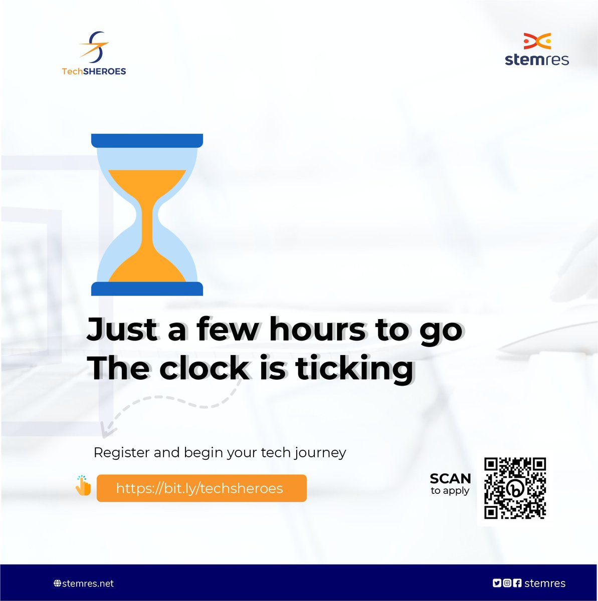 Stemres_'s tweet photo. There are just a few hours left on the clock before we close applications for TechSheroes.
Hurry now and click on the application link below 👇 to secure your spot.
https://t.co/XFLbBa7u08
#TechSHEROES #EmpowerWomen #ApplicationClosed https://t.co/yCiwFrIxIW