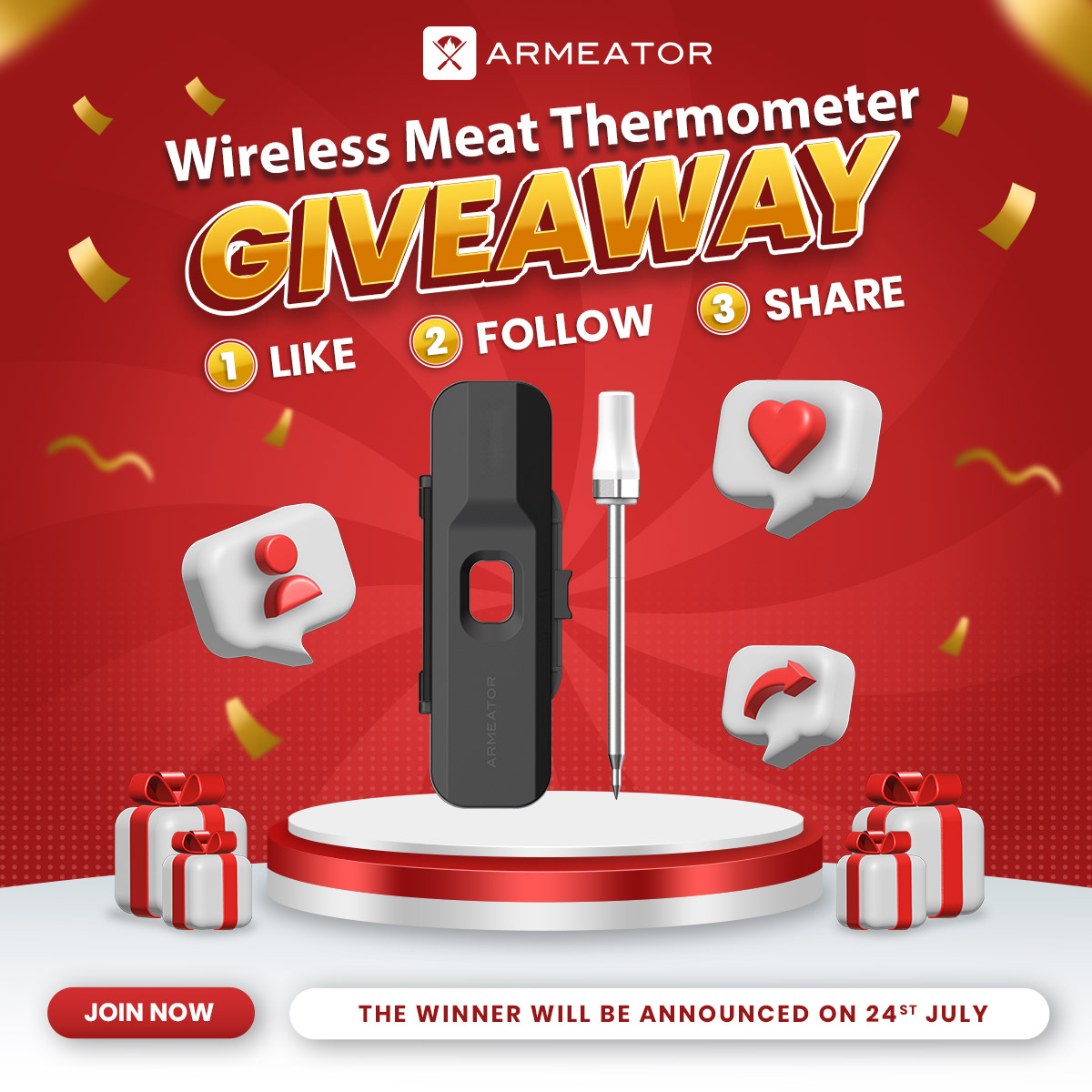 Armeatorbrand's tweet photo. Upgrade Your Grilling Game with a Free Smart Wireless Meat Thermometer! 
🎁PRIZE: ARMEATOR ONE*5 WINNERS

How to Enter:
✅ Follow us
✅More ENTRIES: https://t.co/ulwGlZ9Ys1

TIME: until 20 July 2023

#ARmeator #grillingseason #grilllife #bbq #grilling #bbqlife #Giveaway #Contest https://t.co/6ZGlevqRjB