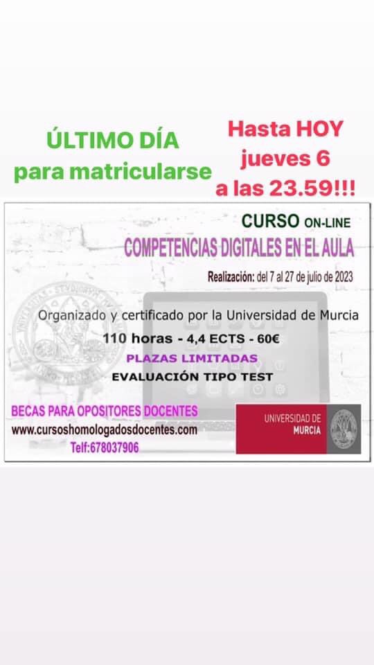 👉CURSO 100% ONLINE CERTIFICADO E IMPARTIDO POR LA UNIVERSIDAD PÚBLICA DE MURCIA   
👉Más información de éste y de otros cursos en   
👉👉Web: eventos.um.es/61881/section/…           
👉👉Teléfono de contacto: 678037906 (también whatsaap)
