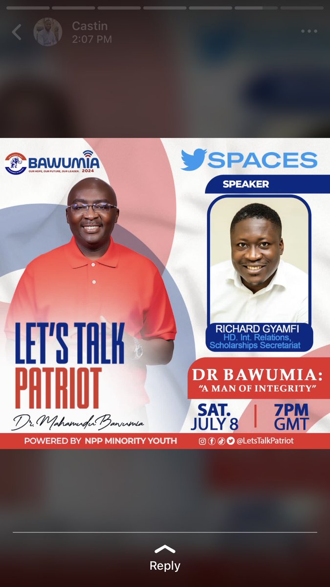 BoatengPrisca1's tweet photo. Join Richard Gyamfi @rgyamfi107 on @LetsTalkPatriot's Upcoming Space...

"DR BAWUMIA: A MAN OF INTEGRITY"

👇🏽👇🏽👇🏽👇🏽👇🏽👇🏽👇🏽
https://t.co/ggBV22Un57

#LetsTalkPatriot
#ItIsPossible https://t.co/GxrYRXgjzM