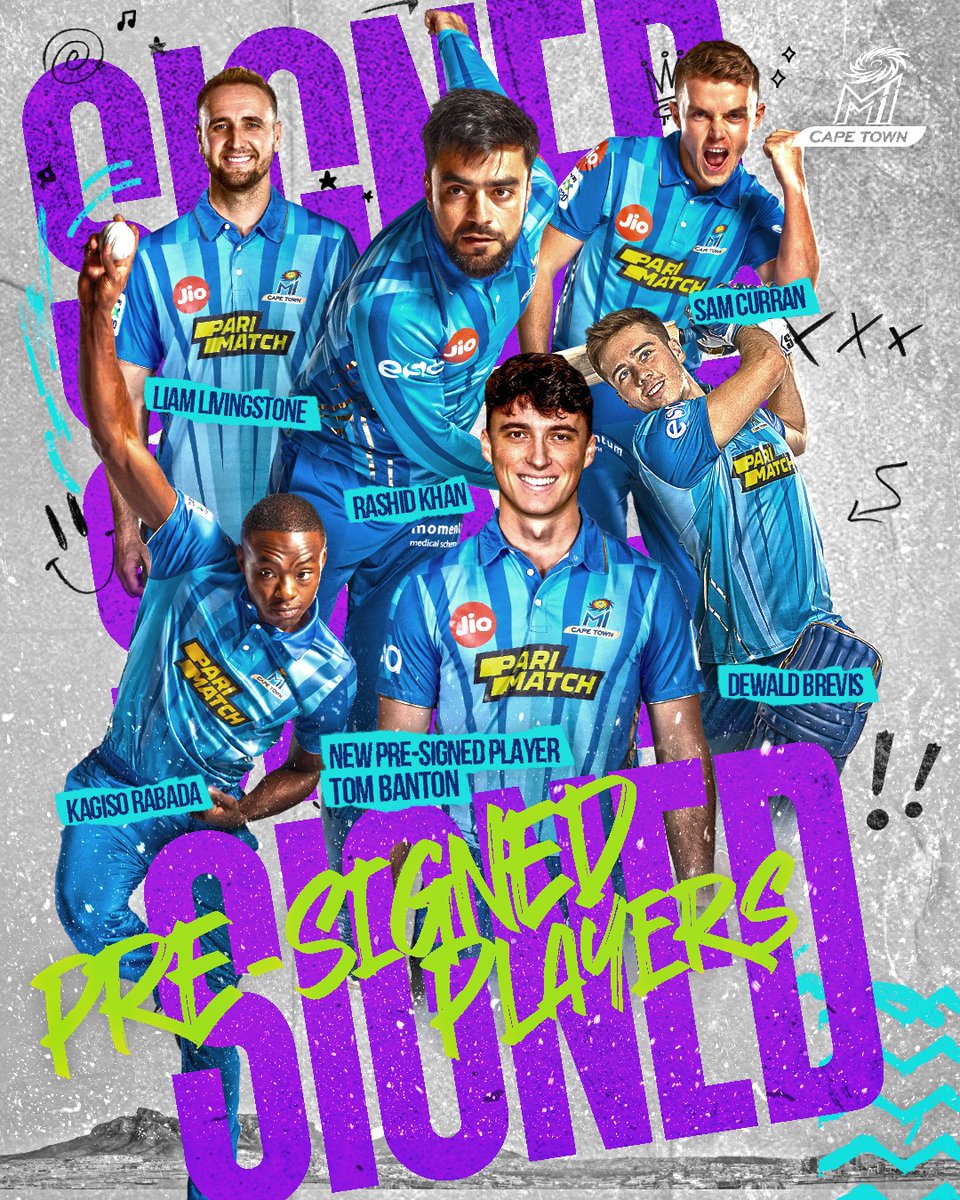 Jinne, mense… we are already building towards an exciting <a href="/SA20_League/">Betway SA20</a>  S2 and here are your players at the end of the pre-signing window! 😍

PS: Howzit, <a href="/TBanton18/">Tom Banton</a>! 👋💙

#micapetown #onefamily <a href="/rashidkhan_19/">Rashid Khan</a> <a href="/liaml4893/">Liam Livingstone</a> <a href="/KagisoRabada25/">Kagiso Rabada</a> <a href="/CurranSM/">Sam Curran</a> <a href="/BrevisDewald/">Dewald Brevis</a>