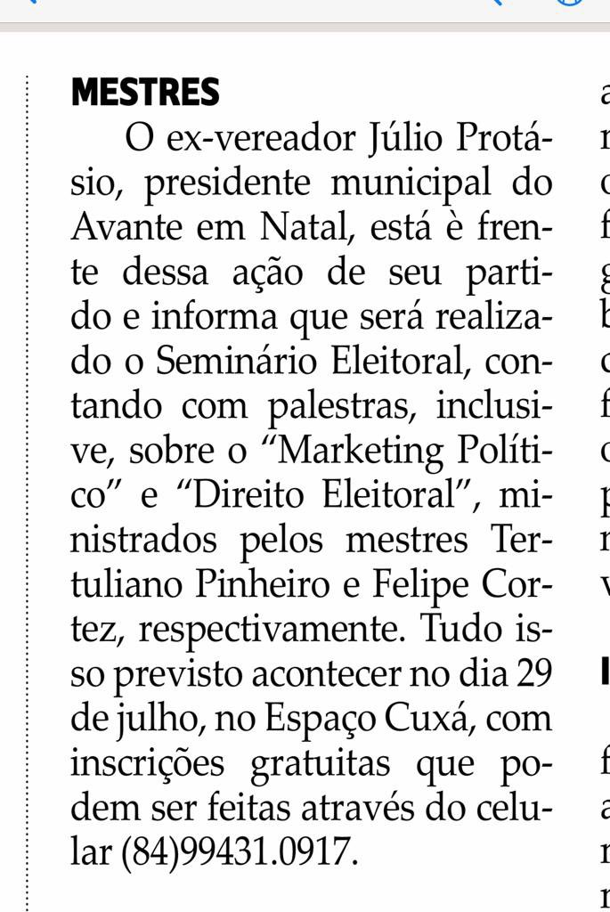 Seminário eleitoral. Inscrição ☎️ 99431-0917. Palestras <a href="/felipecortezadv/">Felipe Cortez</a> e <a href="/tertulianop/">Tertuliano Pinheiro</a> . Imperdível 29/07.