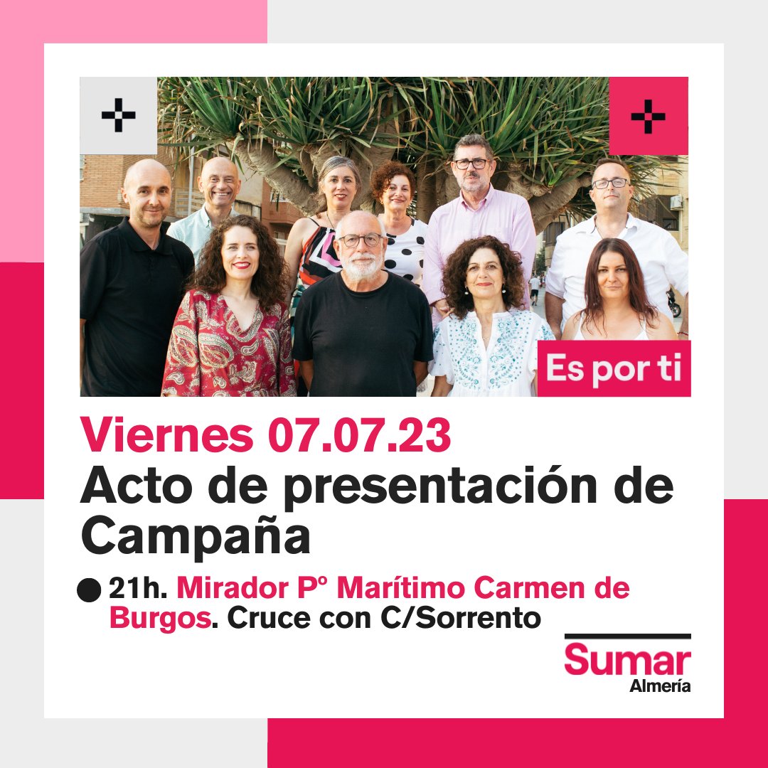 Mañana a las 21:00 presentaremos en el mirador del Paseo Marítimo de Almería la candidatura de Sumar Almería encabezada por Manolo Pérez Sola, nuestra compañera Gloria Gago y Juan Pablo Yakubiuk.