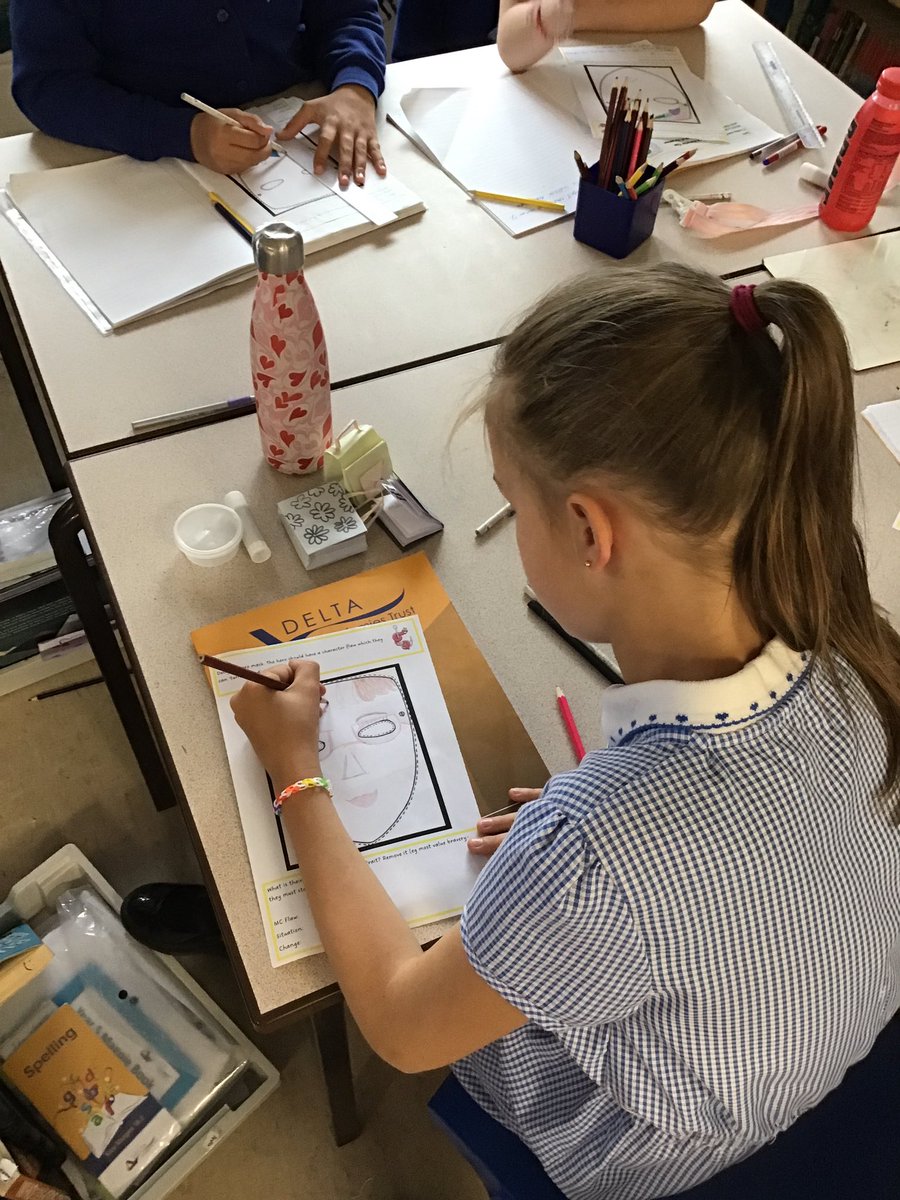 DeltaGreengates's tweet photo. Year 5 having fun designing a character mask for their flawed characters. It will exciting to see how they develop. #characters #heroflaw #Talk4Write #year5 https://t.co/Dmporq6X6o