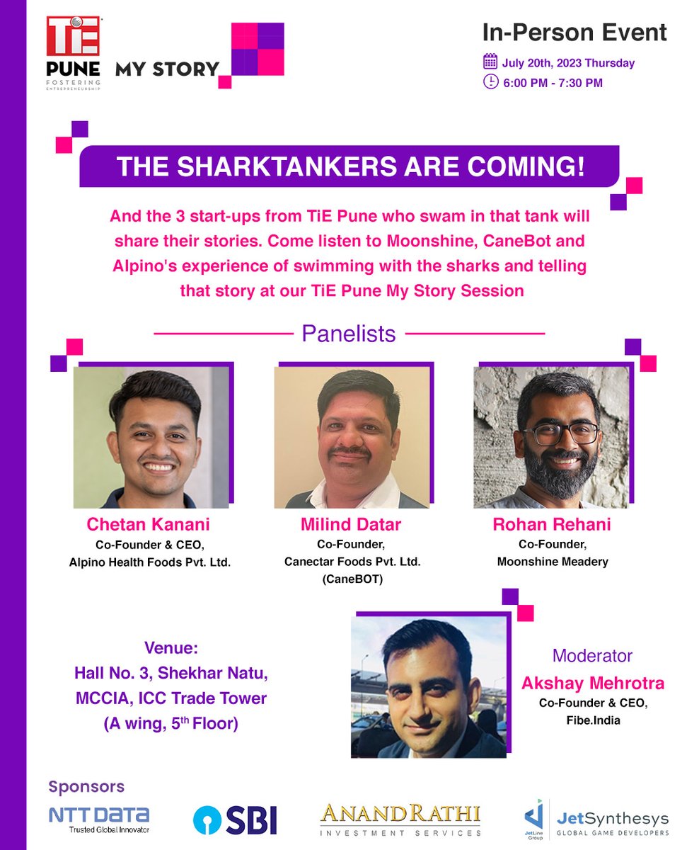 TiEPune's tweet photo. The Sharks are Coming!  

Register now at- https://t.co/TB7QGuLym2

And listen to @moonshinemeads @CaneBot &amp; @AlpinoHFoods's experience of swimming with the #sharks and telling that story  at our #MyStorySession, on July 20th at 6.00 pm  

#TiEPune #MyStorySession #Sharktankers https://t.co/dqqdTxrrF7