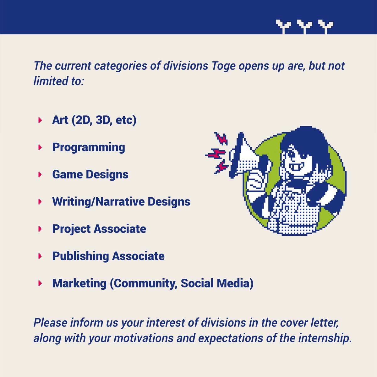 togeproductions's tweet image. We're now officially open for an Internship! 🌱
If you're looking for Internship opportunities or want to kickstart your career with real experience in the game development industry, join us on our Internship program!
We'll be waiting for you! 👋