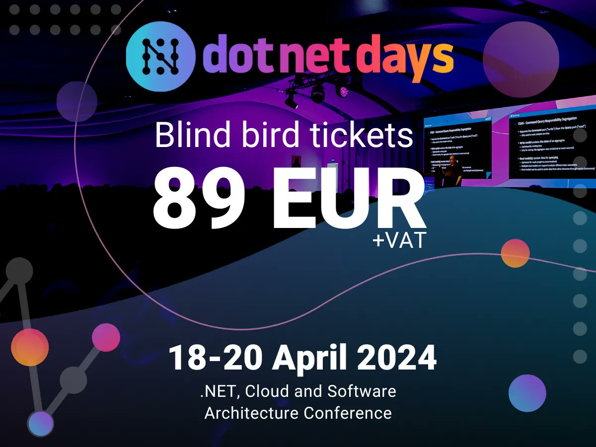 dotnetdaysro's tweet image. Did you know? You can already get your blind bird ticket for the #dotnetdays 2024 conference. We are confident it will be an unforgettable experience 😉
🔗 tickets.dotnetdays.ro
#dotnetconference #blindbird #tickets #cloud #softwarearchitecture #dotnet