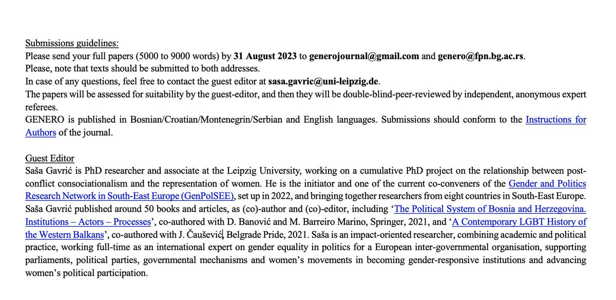 Gender & Politics Research Network in SEE (@genpolsee) on Twitter photo Reminder‼️ Call for submissions by the Journal Genero (generojournal.org):
🔺Topic: "Political Representation of Women: Global Theory and Empirical Reality from South-East Europe"
🔺Guest Editor – <a href="/gavric_sasa/">Saša Gavrić</a>
🔺Deadline: 31 Aug
🔺Full call ➡️ generojournal.org/announcements.… Reminder‼️ Call for submissions by the Journal Genero (generojournal.org):
🔺Topic: "Political Representation of Women: Global Theory and Empirical Reality from South-East Europe"
🔺Guest Editor – <a href="/gavric_sasa/">Saša Gavrić</a>
🔺Deadline: 31 Aug
🔺Full call ➡️ generojournal.org/announcements.…