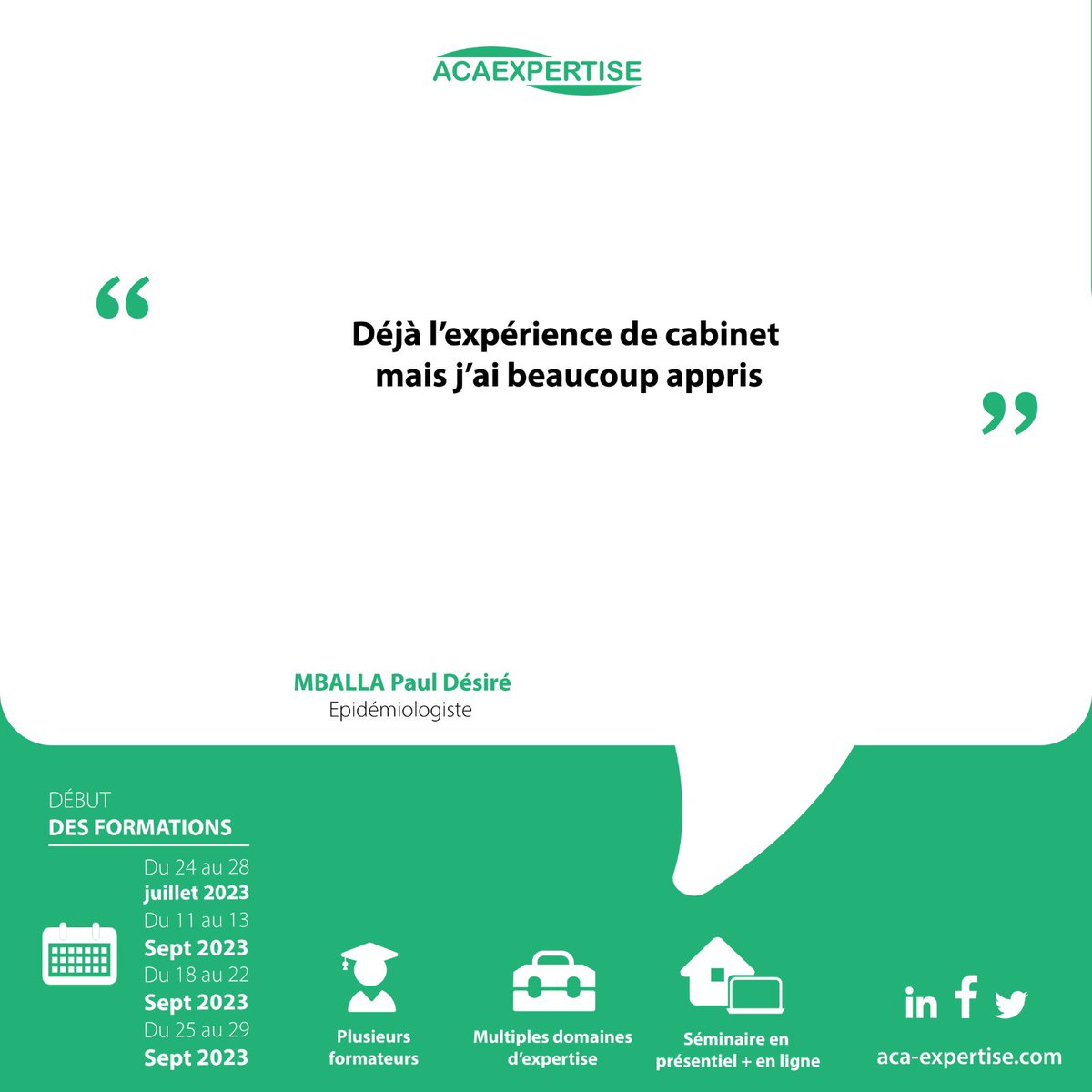 AcaExper's tweet image. Gabriel partage son expérience 

Vous aussi souhaitez participer à cette formation sur comment élaborer une offre technique et financière pour gagner encore plus d’appels d’offres ? Inscrivez-vous via le lien ci-dessous.👇 
lnkd.in/eHyxJNYa