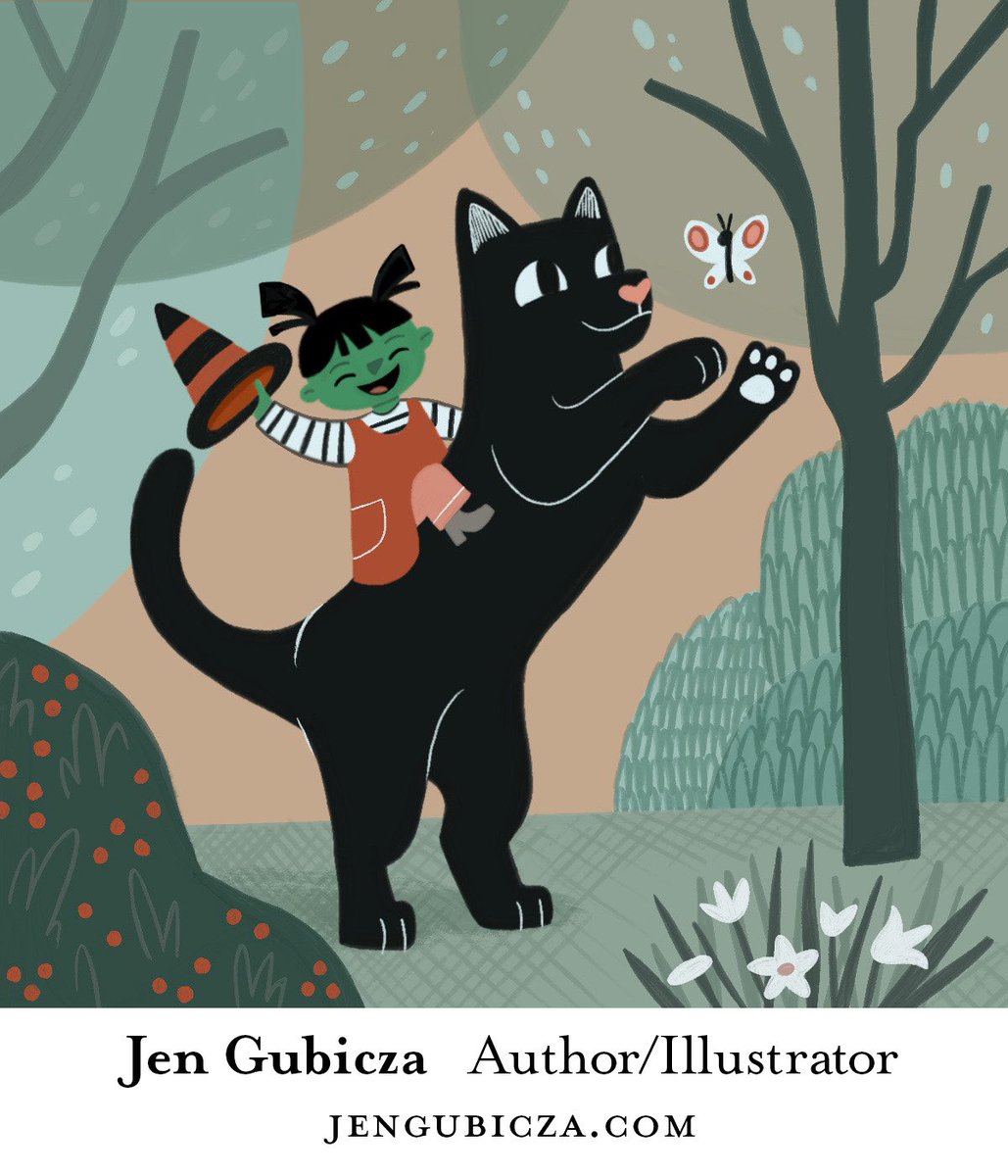 Hi! I’m Jen Gubicza, rhymes with pizza. It’s #kidlitartpostcard day! Will this little witch ever address the elephant, I mean giant cat, in the room as her spell continues to grow out of control? Agents &amp; editors: I’ve got a full pb manuscript for this project.