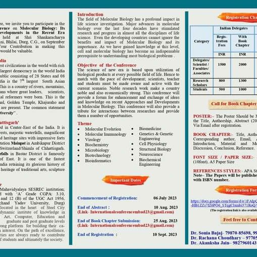 SSMVBhilai's tweet photo. Respected Sir/Madam
We Invite you to join for a Two Days  International conference on "Molecular Biology: Its approaches and Development in the recent Era", to be held on 15 &amp; 16 Sept. 2023 at  Shri Shankaracharya Mahavidyalaya, Junwani

 Reg. Link: https://t.co/YgdxPN9qW6 https://t.co/ADDYilyRps