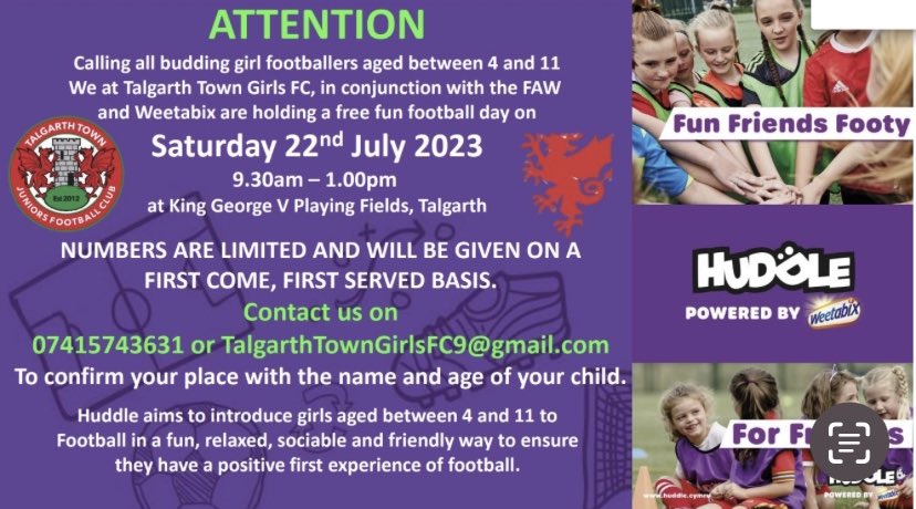 Spaces Available at the Talgarth Town Girls Huddle Unite Festival!!! 🗓 Saturday 22nd July 2023 📱Text Scott 07415743631 to register
