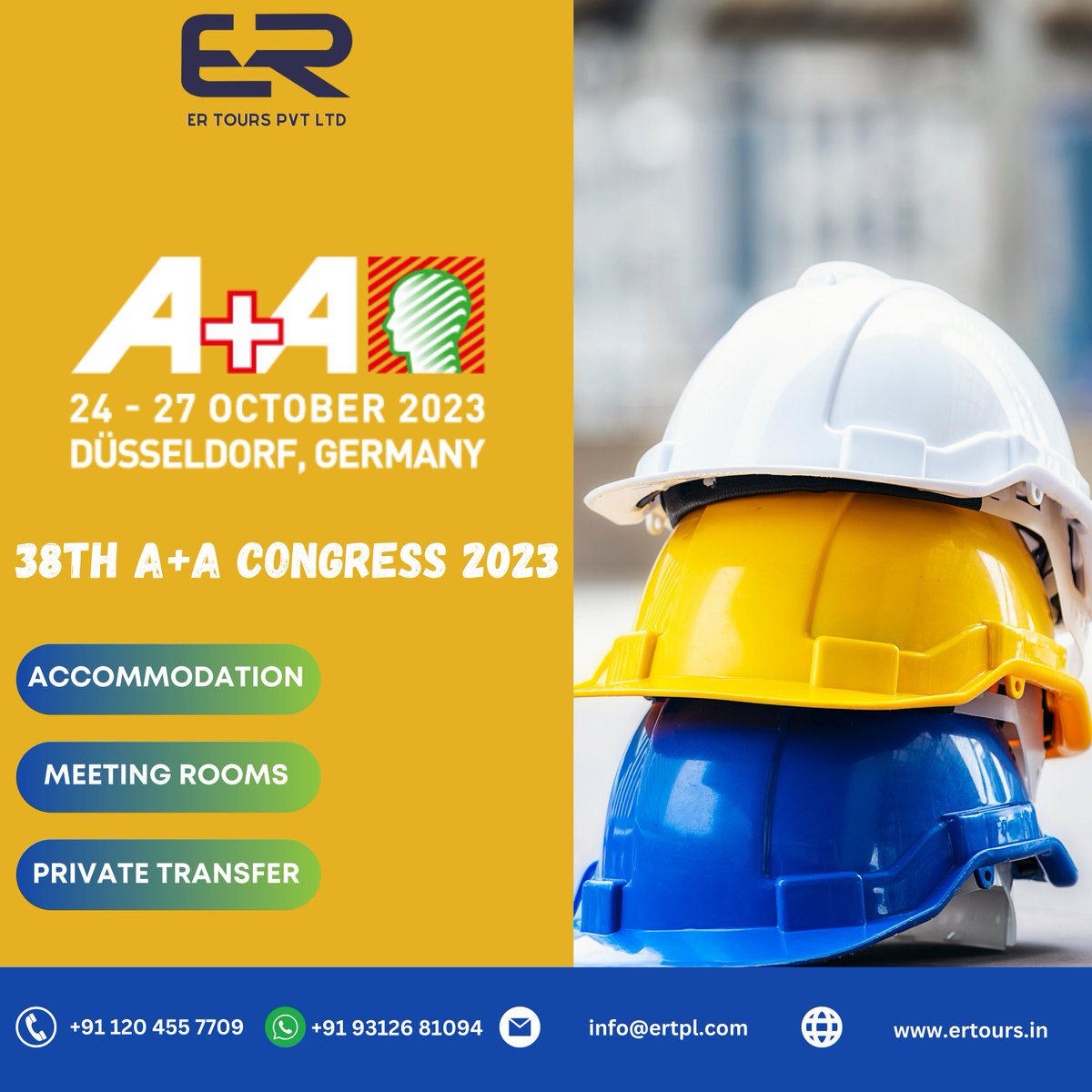 We are pleased to offer our solutions for accommodations at A+A 2023.
Hotels Options Available For #AplusA
Contact Details:-
✔info@ertpl.com
✔+91-120-4557709
✔+91 9312681094
✔ ertours.in

#hotel #AplusA #PeopleMatter #Workwear #SafetyAtWork #AplusA2023 #tradefair