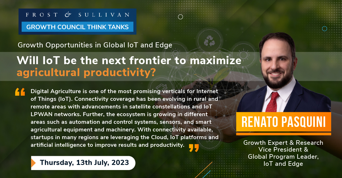 FrostSullivanIN's tweet image. Mark your calendars for July 13 to discover how #IoT is reshaping the way we #farm, from #continuousmonitoring to #predictiveanalytics for #cropstress. Uncover the power of modeling tools in maximizing #customervalue.🌱

Join NOW:hubs.la/Q01WC0xK0
#Agriculture #Productivity