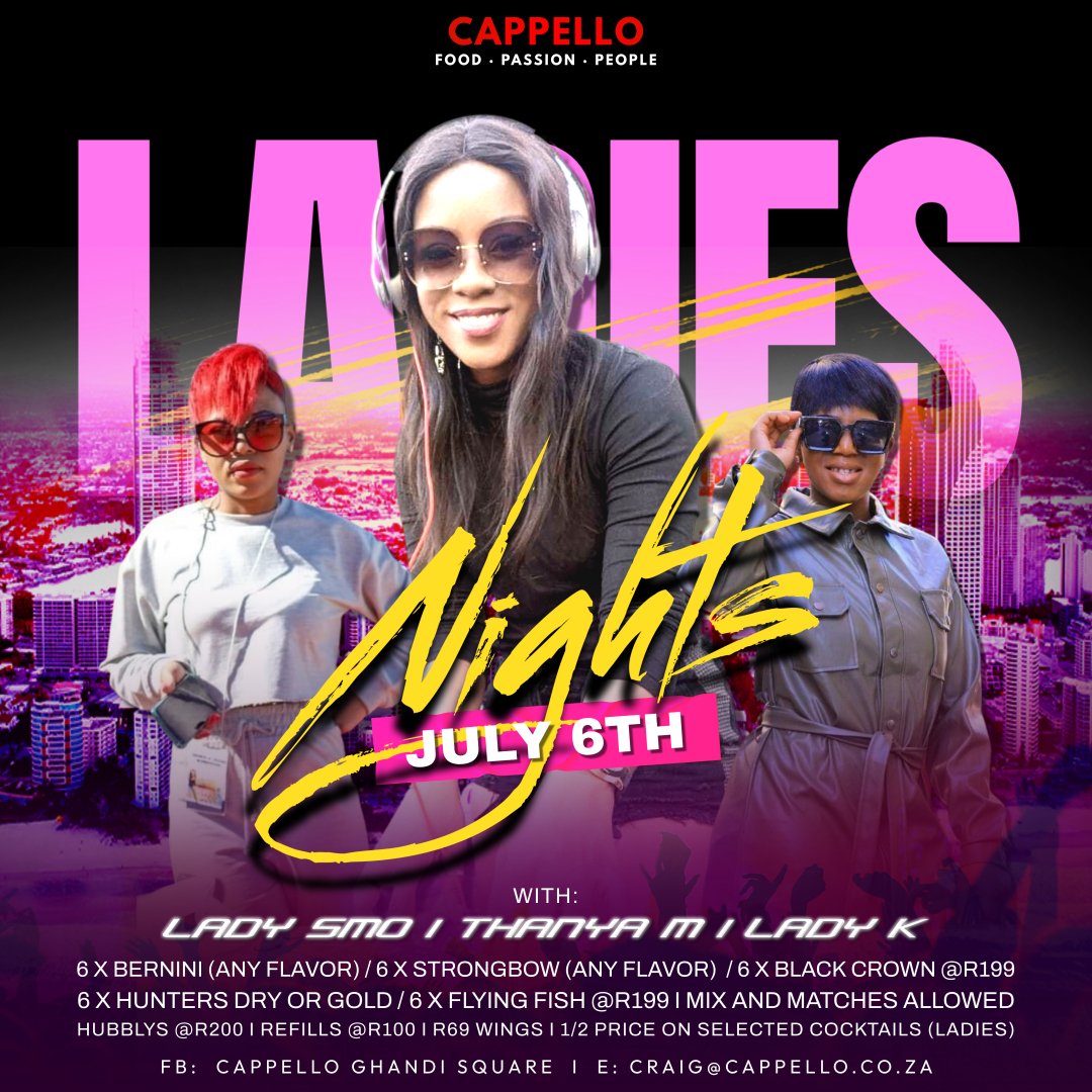 CappelloGhandi's tweet photo. Ladies Nights with selected cocktails half priced for the ladies and awesome bucket deals all day🍹🥂🍻
#CappelloThursdays #LadiesNights
#PreWeekendVibes #PopBottles
#Bites #Bevs #Hookah #Music
#GhandiSquare #Cappello
#FoodPassionPeople https://t.co/TlNe2nkKJo