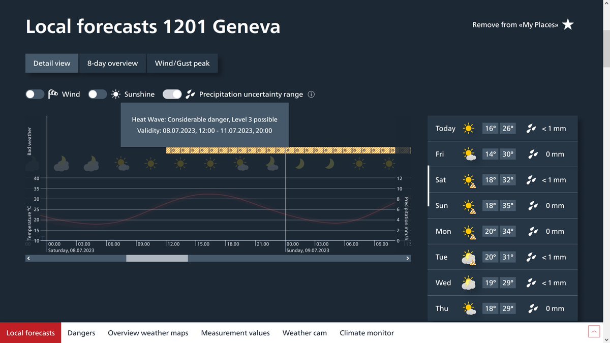 rohrer_bruno's tweet photo. #HeatWave warning by @meteoschweiz for the coming days, starting next Saturday (08.07.2023) for several regions of Switzerland, including the city of #Geneva. https://t.co/3MOFgqWAAb