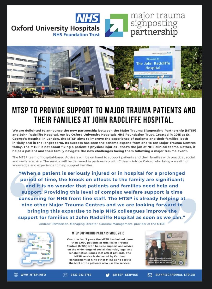 Pleased to announce we have been selected to provide bedside support to patients at Oxford's John Radcliffe Hospital.  MTC number 10 for the Major Trauma Signposting Partnership.