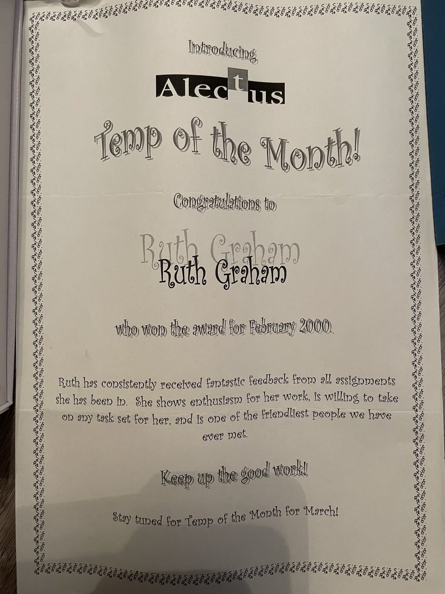 ruthjots's tweet image. Found this amongst my late father’s paperwork - blast from the past! Cannot remember what the temp competition was like in Feb 2000 but we all need #recognitionandreward along the way #templife #careerjourney
