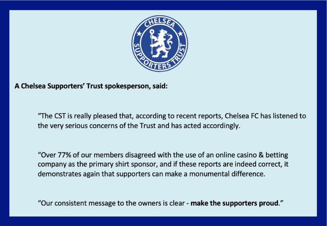 ChelseafanIndo's tweet photo. BREAKING🚨

Melalui CST (barisan pendukung chelsea) sebanyak 77% pendukung tidak mau Chelsea berhubungan dengan sponsor judi.

Jadi, menanggapi itu pihak Chelsea dikabarkan mendengarkan suara fans, dan memilih mundur untuk kerjaama dgn https://t.co/XqJrg8QdaP https://t.co/dj4RPsd8wC