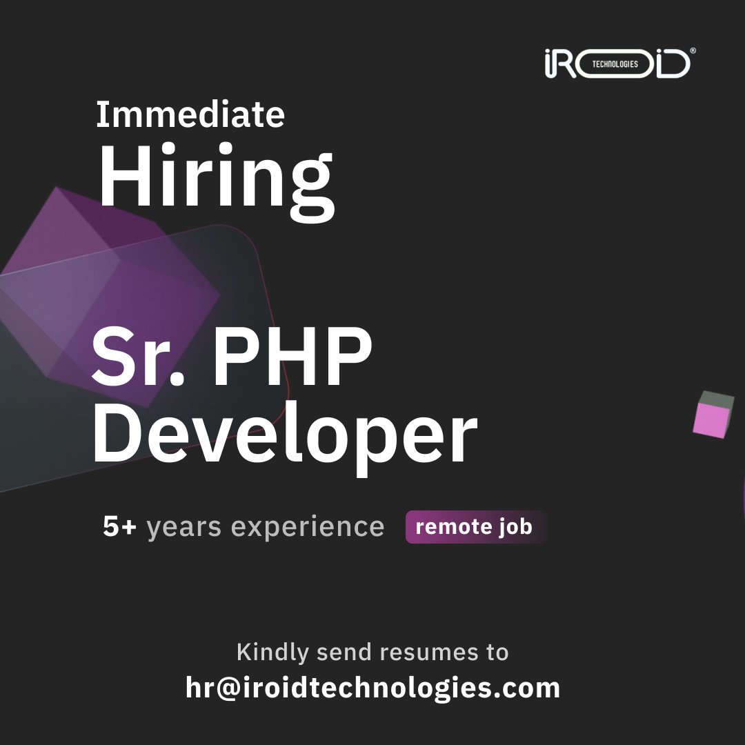 iroidtech's tweet image. We are Hiring!!!
Sr. PHP Developer
Experience - 5+ years
Work Mode – Remote
Notice Period – 0 to 30 days
If Interested kindly send the resume to
hr@iroidtechnologoies.com
#hiring #hiringphpdeveloper #php #phpdeveloper #phpdeveloperjobs #laravel #mysql #linux