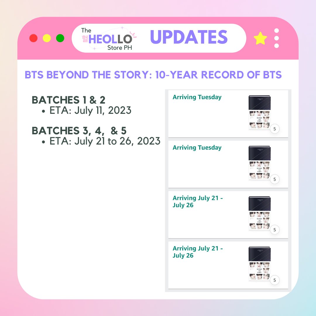 TheHeolloPH's tweet photo. #TheHeolloPHUpdates
๐Follow this thread for updates on orders of BTS Beyond the Story: 10-Year Record of BTS Book from Amazon US ๐
Batches 1 & 2
- ETA: July 11, 2023
Batches 3,4, & 5
- ETA July 21-26, 2023
You may check our masterlist to see which batch your order falls under (Link: https://t.co/sCUJONA4Ot)