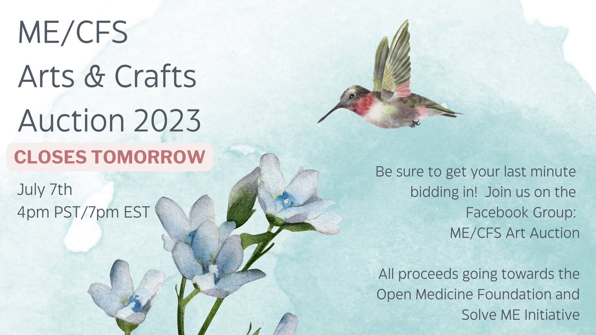 The #MECFS Art &amp; Crafts auction closes tomorrow July 7th at 4pm PST/7pm EST. Be sure to get your last minute listing or biddings in! All proceeds go to <a href="/OpenMedF/">Open Medicine Foundation</a> &amp; @PIzSolveCFS.
Visit our Facebook group to join in: facebook.com/groups/mecfsar…

#fundraiser #pwME #longcovid #endMECFS