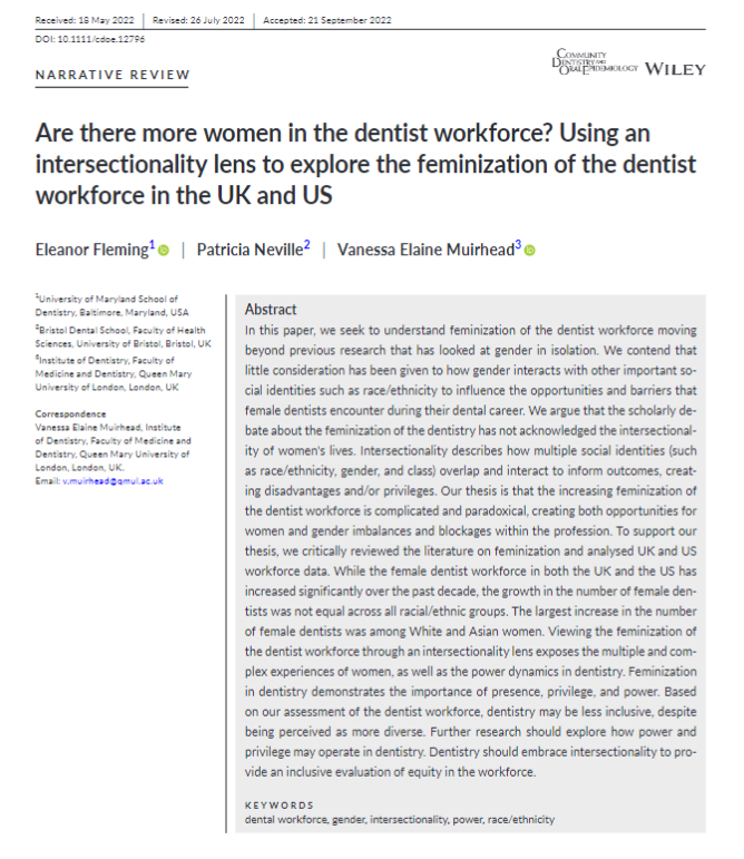 Community Dentistry Oral Epidemiology (@commdentoralepi) on Twitter photo Free to read in our current issue:
Are there more women in the dentist workforce? Using an intersectionality lens to explore the feminization of the dentist workforce in the UK and US
By <a href="/DrEFleming7/">Dr. EFleming (she/her/hers)</a> <a href="/PNevilleTweets/">Patricia Neville</a> <a href="/MuirheadVanessa/">Vanessa Muirhead</a>
onlinelibrary.wiley.com/doi/10.1111/cdโฆ
<a href="/WileyHealth/">Wiley Clinical Health</a> Free to read in our current issue:
Are there more women in the dentist workforce? Using an intersectionality lens to explore the feminization of the dentist workforce in the UK and US
By <a href="/DrEFleming7/">Dr. EFleming (she/her/hers)</a> <a href="/PNevilleTweets/">Patricia Neville</a> <a href="/MuirheadVanessa/">Vanessa Muirhead</a>
onlinelibrary.wiley.com/doi/10.1111/cdโฆ
<a href="/WileyHealth/">Wiley Clinical Health</a>