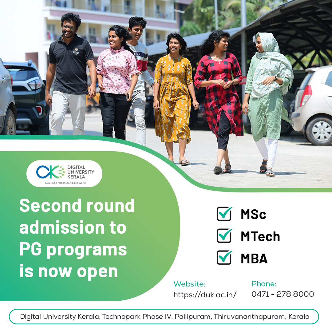 dukerala's tweet image. Digital University Kerala is pleased to announce that the second round of admissions is now open for Postgraduate (PG) Programs in MSc, MTech, and MBA. For more details &amp;amp; registration visit: duk.ac.in/admission

#DigitalUniversityKerala #PGAdmissions #MScPrograms #MBAProgram
